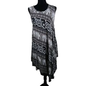 Boho Elephant Print Sleeveless Swing‎ Dress – Black White Tribal Festival XL